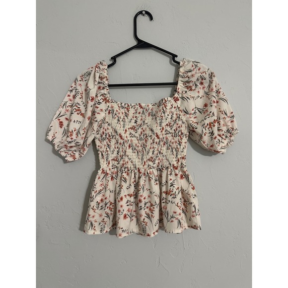 Loness Tops - Loness Floral Smocked Peplum Top Square Neck Puff‎ Sleeve Blouse XS